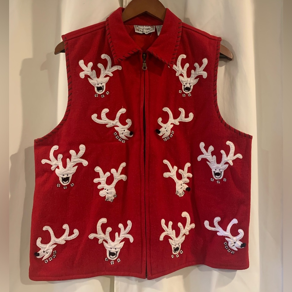 Life Style Women's XL Red Christmas‎ Vest Reindeer Appliques Full Zip Wool